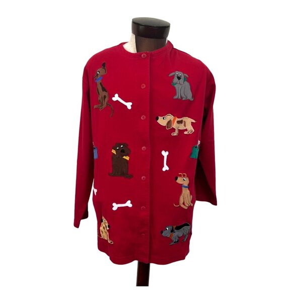 Bechamel Sweaters - Bechamel Womens Funky Dog Theme Applique Jacket Button Up Cardigan Red XL